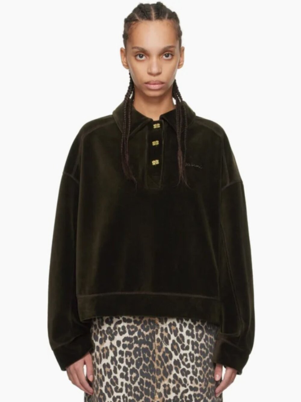 Ganni Black Velour Polo Sweatshirt with Gold Buttons and Embroidery Logo